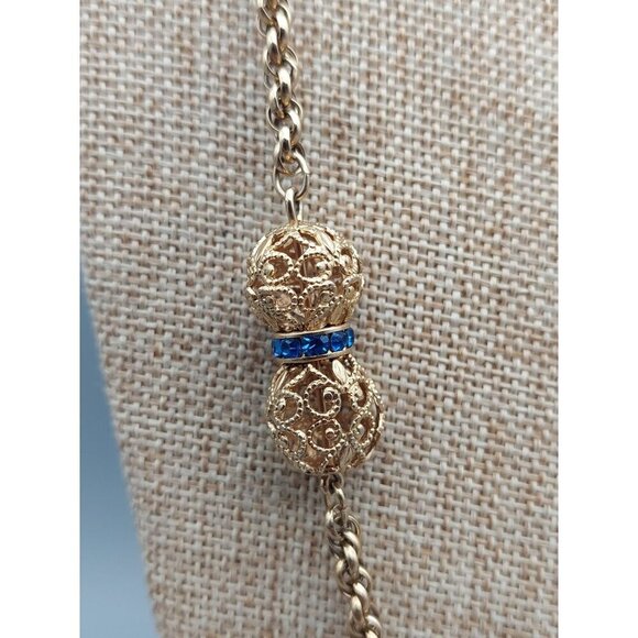 Long Gold Tone Pull Over Thick Twisted Chain Necklace Filigree Ball Blue Crystal - Picture 9 of 10